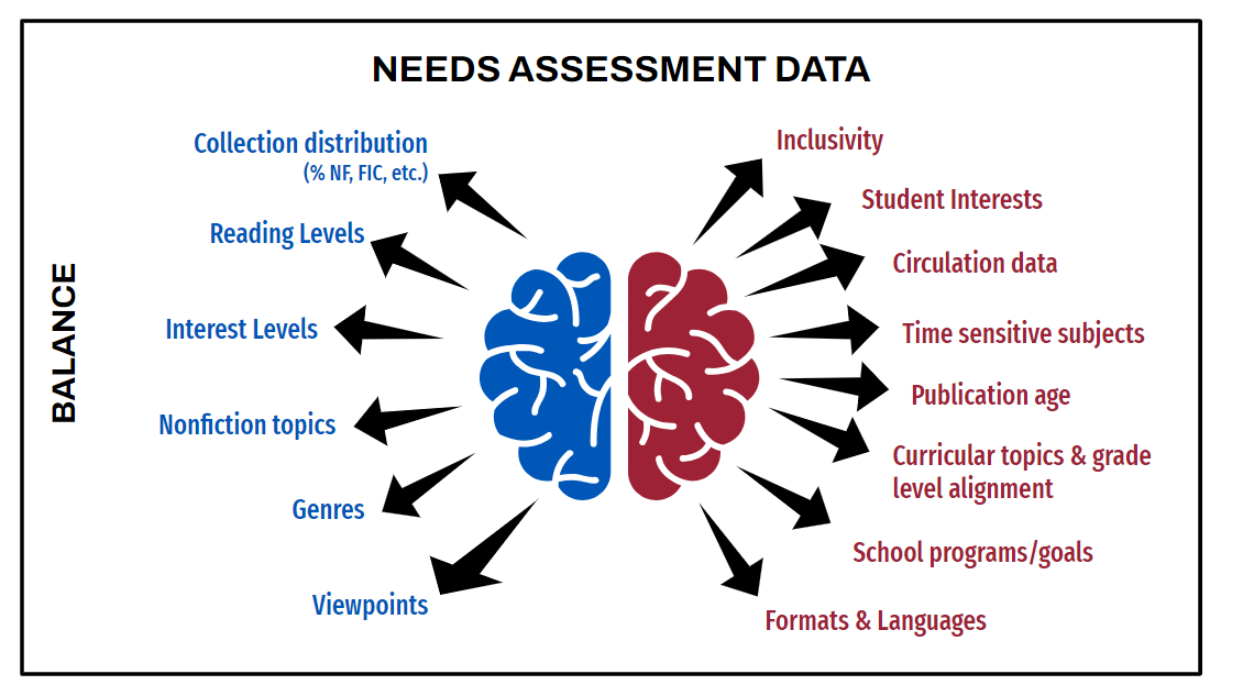Needs assessment includes collection distribution, reading levels, interest levels, topics, genres, viewpoints, inclusivity, student interests, circulation data, time sensitive subjects, publication age, and more.